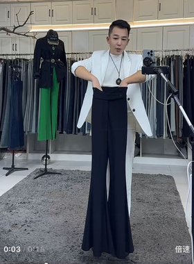 燕龙原创宝宝绒定制加长16533通勤气质高腰弹力修身大喇叭长裤