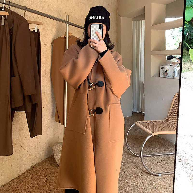 2024冬装新款黑色连帽牛角扣双面呢羊绒大衣女日系羊毛外套小个子