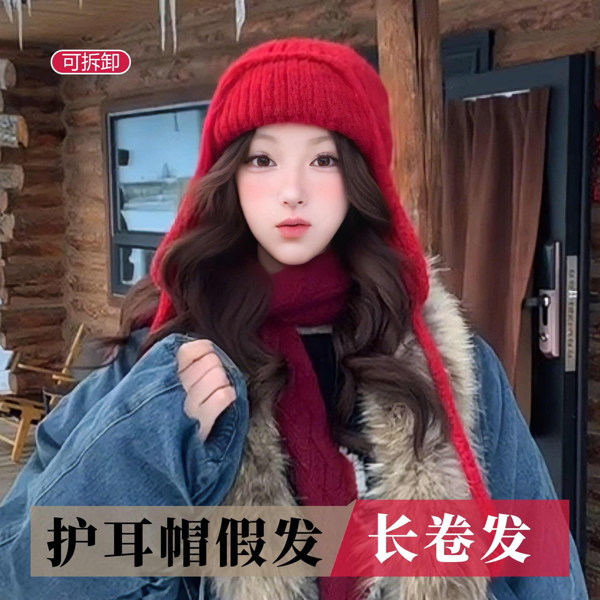 红色巴拉克拉法帽子假发一体女可拆换秋冬保暖针织毛线护耳帽冷帽,美发护发/假发,帽子假发,淘宝优惠券,粉丝福利购,淘宝优惠卷