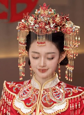 红色中式新娘秀禾服结婚头饰汉服龙凤褂流苏遮面凤冠古装婚礼发饰