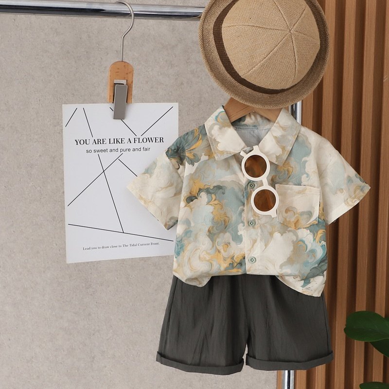 男童夏装短袖套装2025新款洋气男孩衬衫衣儿童宝宝休闲两件套