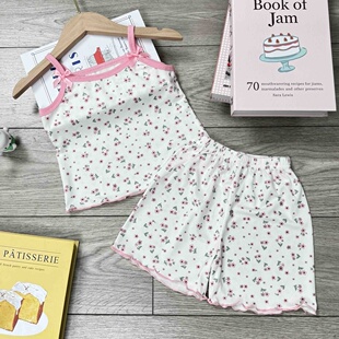 女孩冰丝薄款 夏季 睡衣套装 女童吊带短裤 碎花上衣家居服两件套 新款