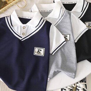 T恤翻领中大男女童半袖 夏季 学院风假两件短袖 韩版 上衣 儿童POLO衫