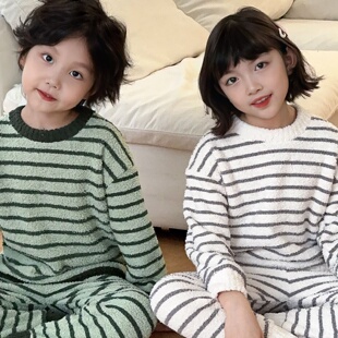 男女童家居服套装秋季新款儿童半边绒睡衣圆领上衣两件套秋冬