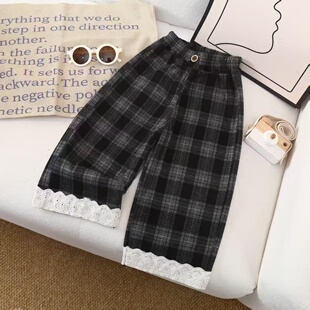 女童秋季格子阔腿裤新款时髦女孩蕾丝直筒裤春秋儿童韩版九分裤
