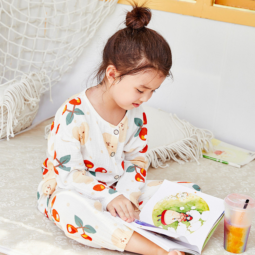 儿童夏双层纱布纯棉睡衣套装宝宝长袖休闲家居服薄款男女童空调服