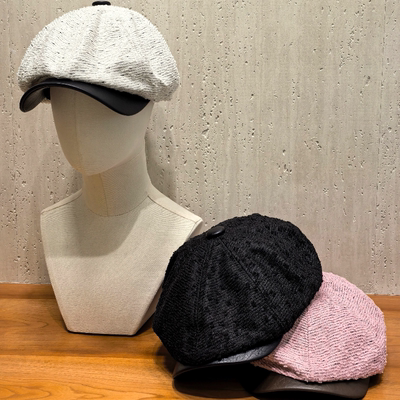 原创设计秋冬新款羊毛混纺拼皮报童帽女时尚百搭显脸小八角帽