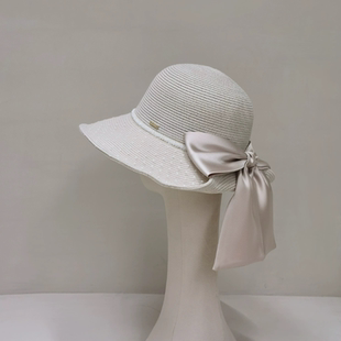 原创帽饰法式优雅蝴蝶结草帽开叉盆帽扎马尾大檐渔夫帽草编防晒帽