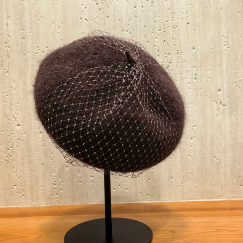 2025新款秋冬羊毛贝雷帽女英伦风高级感网纱蓓蕾帽时尚秋冬画家帽