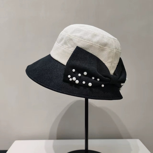 原创设计珍珠蝴蝶结渔夫帽女法式优雅出游防晒盆帽遮阳帽