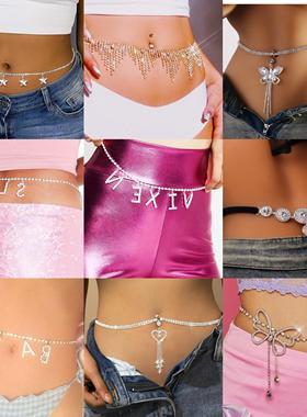 欧美新款水钻腰链夏季蝴蝶爱心字母流苏吊坠身体链性感配饰沙滩链