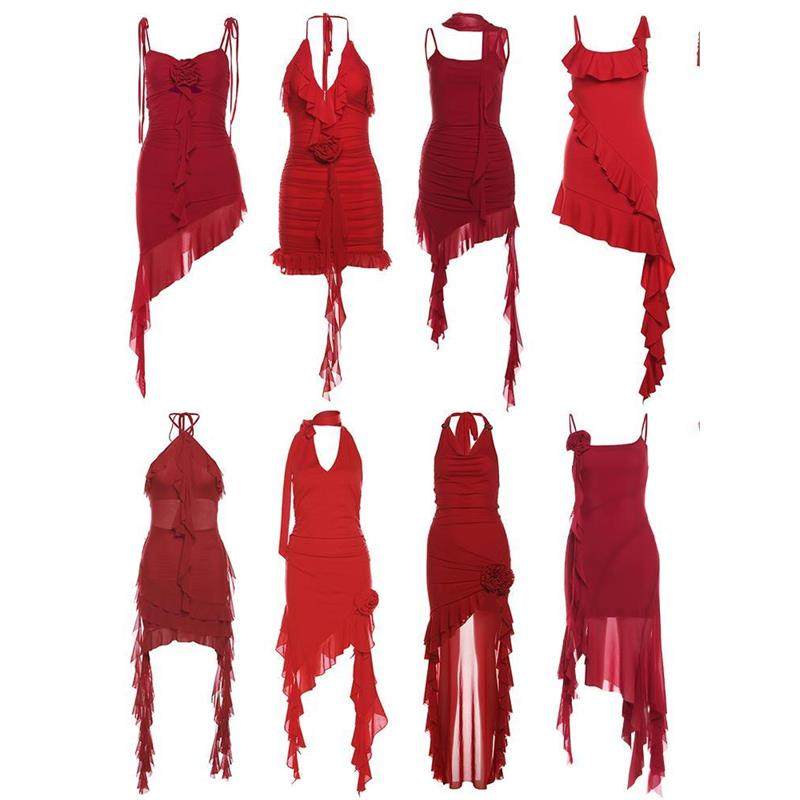 春秋性感辣妹泰式连衣裙女不规则小众设计女团荷叶边红色飘带裙子,女装/女士精品,连衣裙,淘宝优惠券,粉丝福利购,淘宝优惠卷