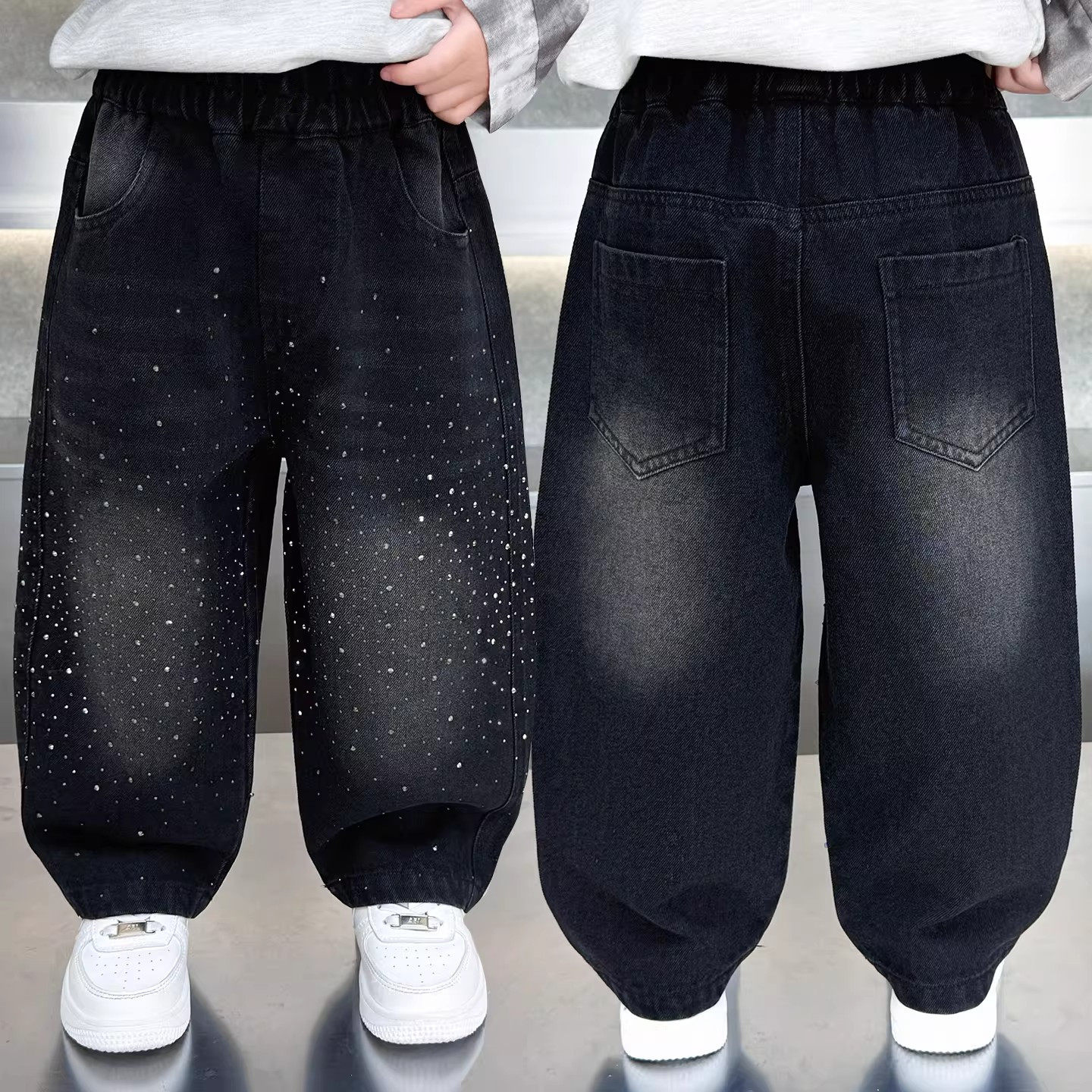 儿童牛仔裤2026春秋新款男女童满天星烫钻牛仔裤“璀璨星闪”爆款