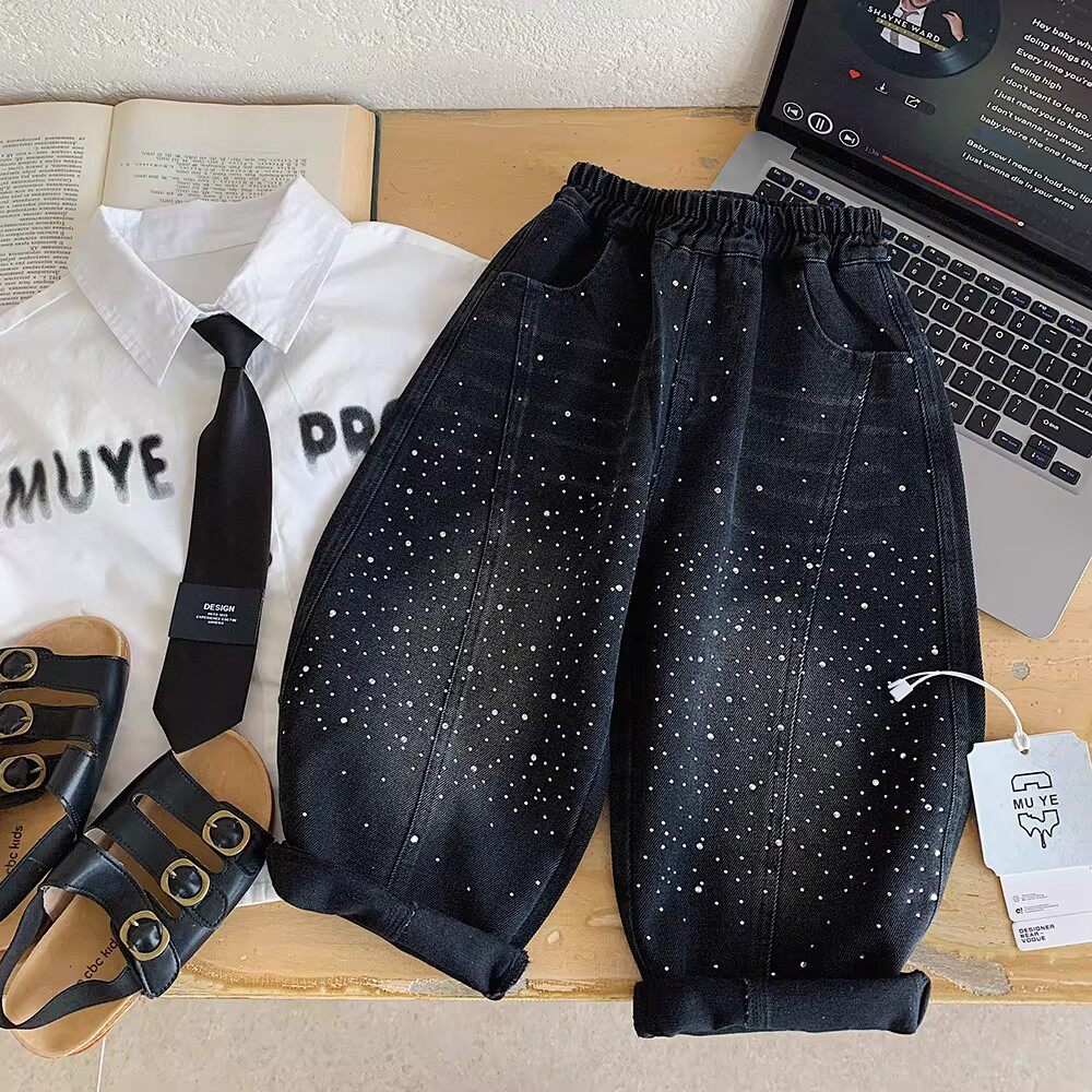 男女童满天星烫钻加绒牛仔裤2026春秋冬新款儿童宝宝洋气亮闪裤子