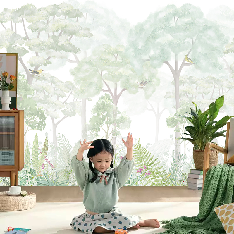 法式森林小鸟动物卡通背景墙壁纸儿童房绿色树林墙纸卧室装饰壁画图片