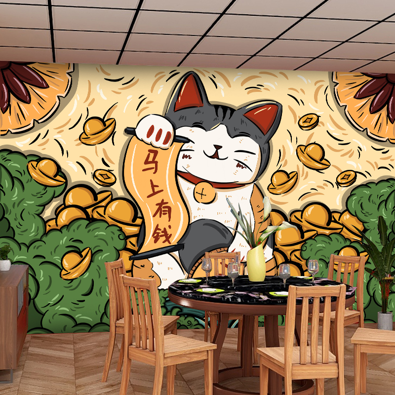 日式招财猫壁纸日本店铺装修国潮风棋牌室麻将馆装饰画烧烤店墙纸