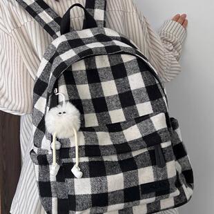 学生书包复古格子韩版 ins小众文艺初中高中生双肩包撞色学生背包