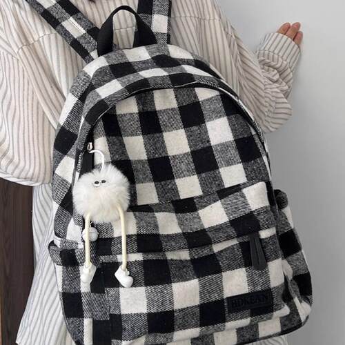 学生书包复古格子韩版ins小众文艺初中高中生双肩包撞色学生背包