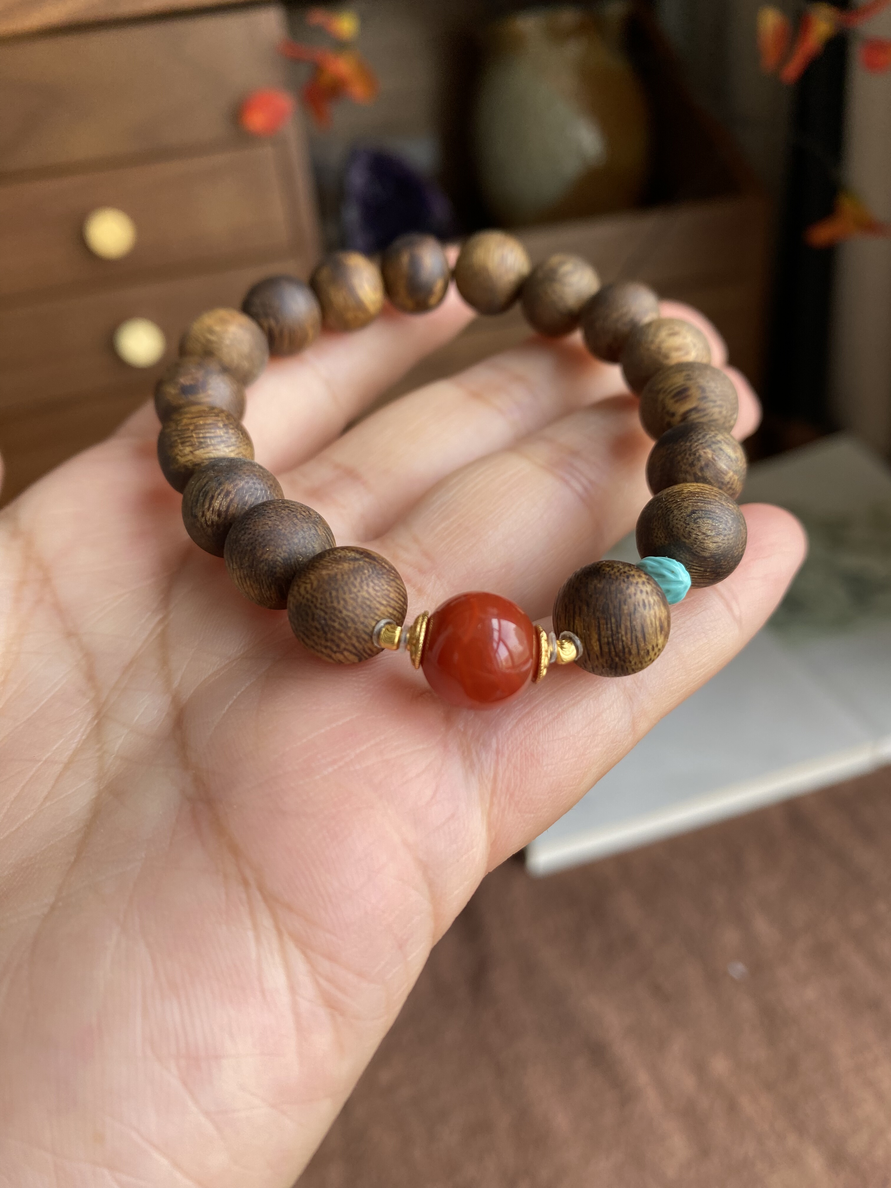 天然奇楠沉香手链无优化文玩设计手串天然绿松石配饰