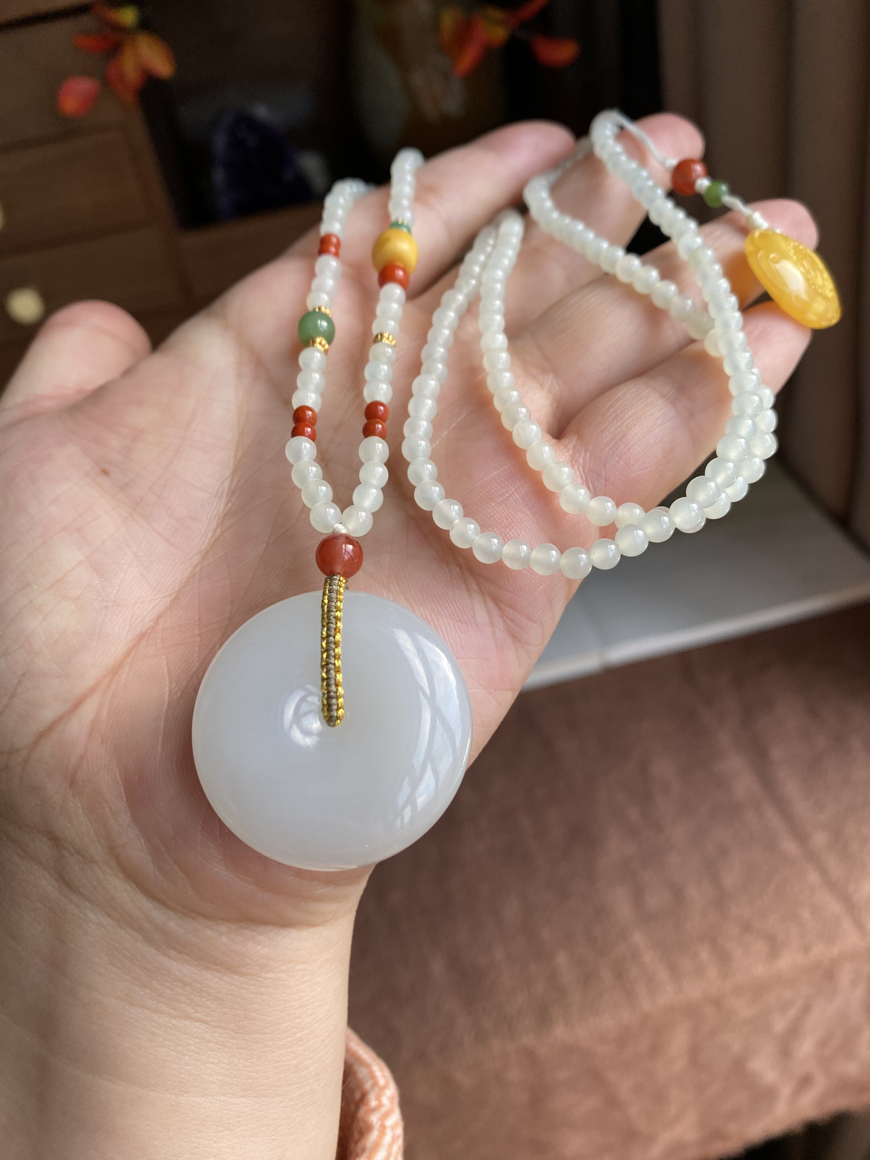 天然和田玉老料白玉平安扣毛衣链新中式国风珠宝项链