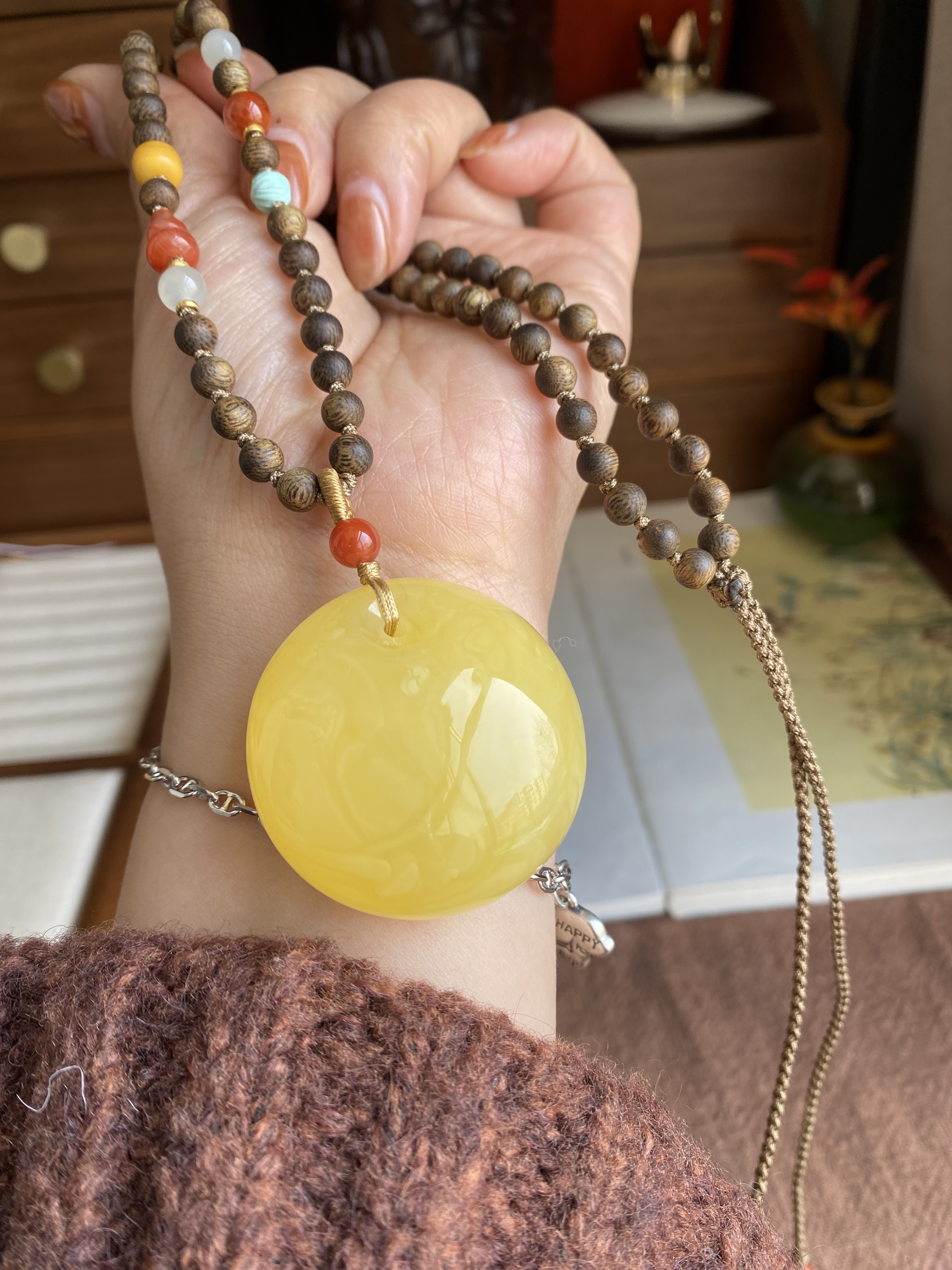 天然原矿蜜蜡毛衣链公主扣平安扣蜜蜡吊坠项链闺蜜礼物