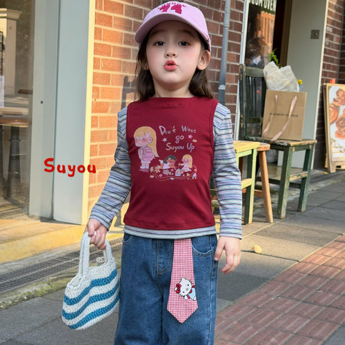 苏右 26秋 563133女童条纹卡通印花假两件上衣