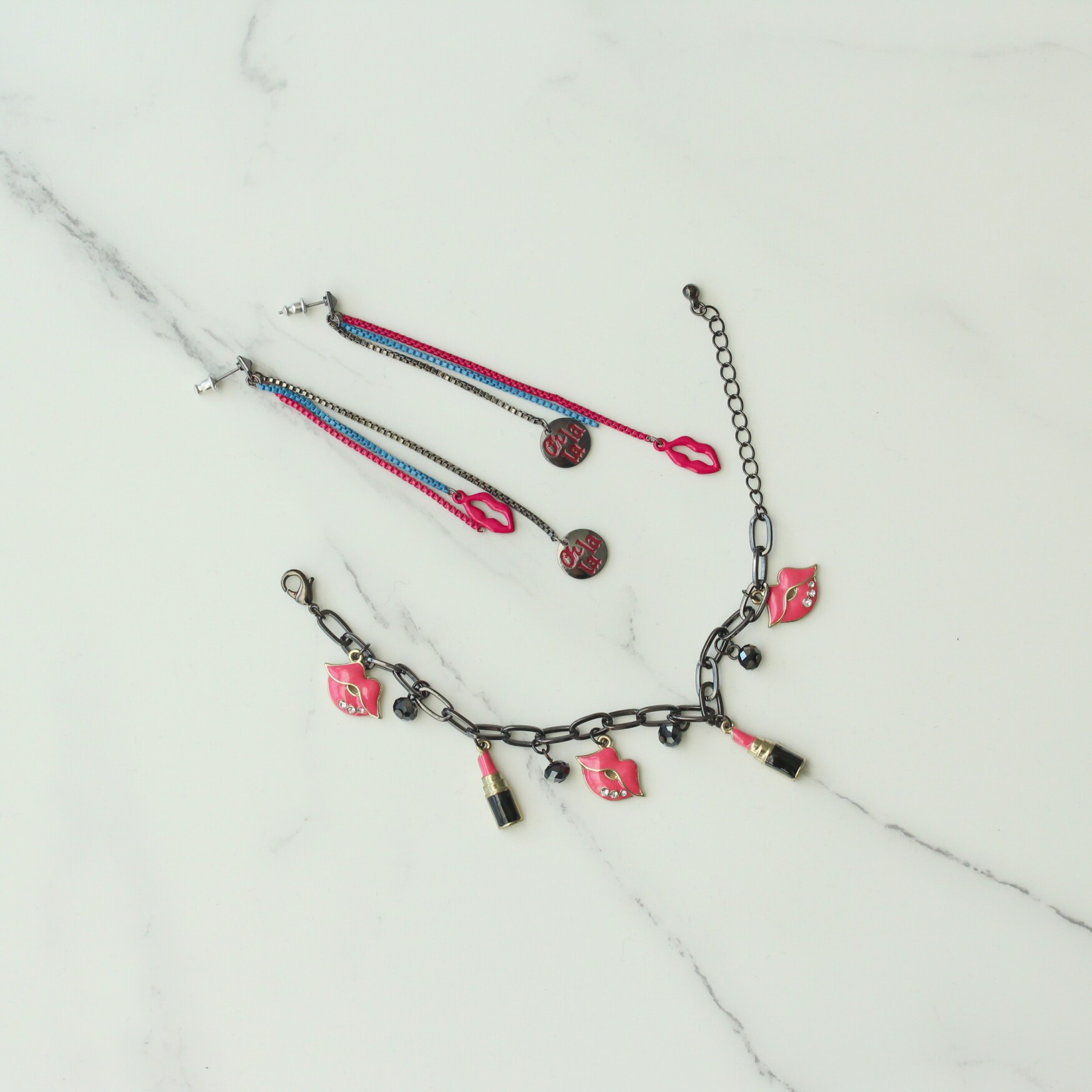 美式复古千禧风y2k多色流苏线条长口红挂坠耳线手链套装