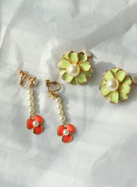 美式复古夸张铜珐琅釉个性小众装饰绿色立体花朵长吊坠螺旋夹耳夹