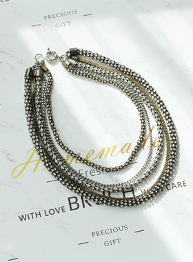 美式ins重工工业风粗糙质感个性简约多层黄铜复古做旧镶满钻项链