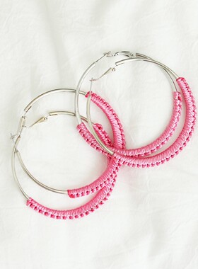 欧美ins风清仓简约个性银色夸张粉色绳结编织圈圈耳环