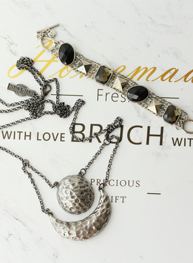 11美式ins简约合金编织BOH*复古做旧银色日月双层长毛衣链