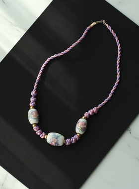 欧美vintage中古个性小众老陶瓷花珠粉紫色编线中短项链