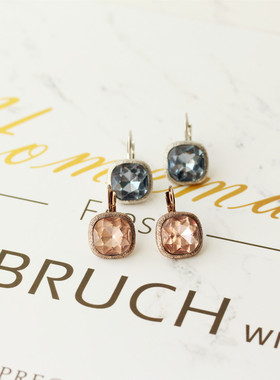 欧美复古款方形单颗褐色宝蓝色简约百搭大锆石mon*t耳环