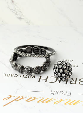 10欧美复古品牌mon*t锆石圆片精镶黑色手镯手链夸张优雅食指戒指