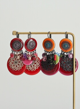 欧美复古外贸夸张装饰红色吊坠个性小众耳环