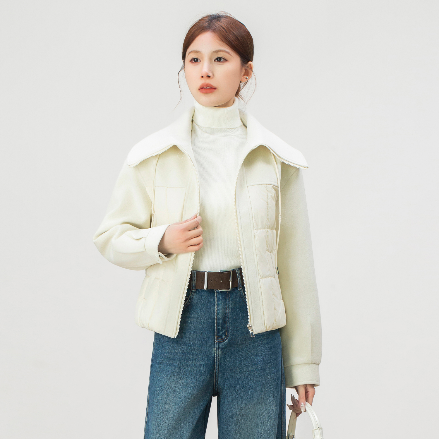 韩版拼接大翻领羽绒棉服女冬季2025新款宽松显瘦保暖短款棉衣外套