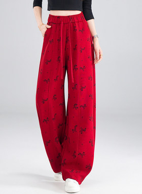 今年流行红色小马印花弯刀休闲裤女2026春新款松紧腰宽松直筒卫裤