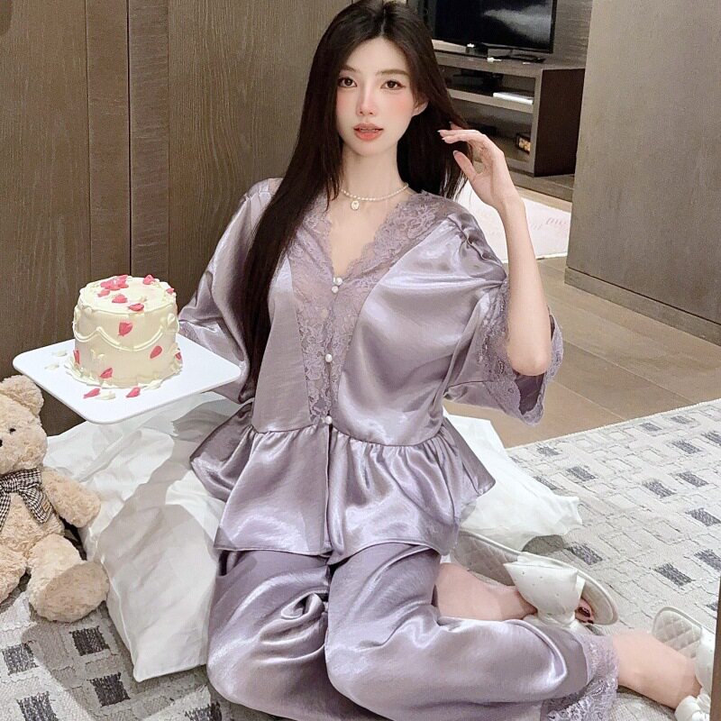 新中式提花冰丝睡衣套装醋酸可外穿家居服玫瑰花仿可爱睡衣女