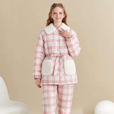 冬季新款三层夹棉纯棉女士格子款家居服加绒睡衣加厚省服外穿套装