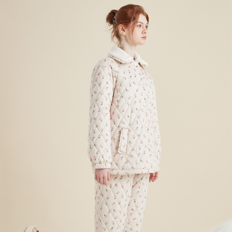 女款睡衣冬季三层加厚加绒夹棉保暖可外穿冬款女士棉袄家居服套装