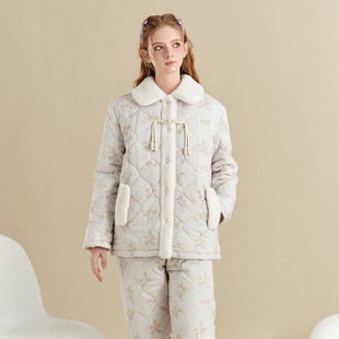 三层冬季加绒秋冬女加厚纯棉夹棉袄睡衣珊瑚绒冬款超厚家居服套装