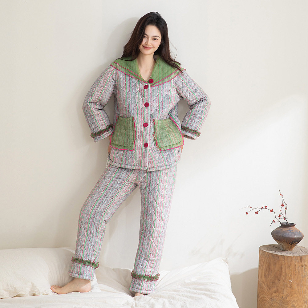 高品质睡衣女秋季女款两件套三层夹棉加厚冬天可外穿家居服秋冬款