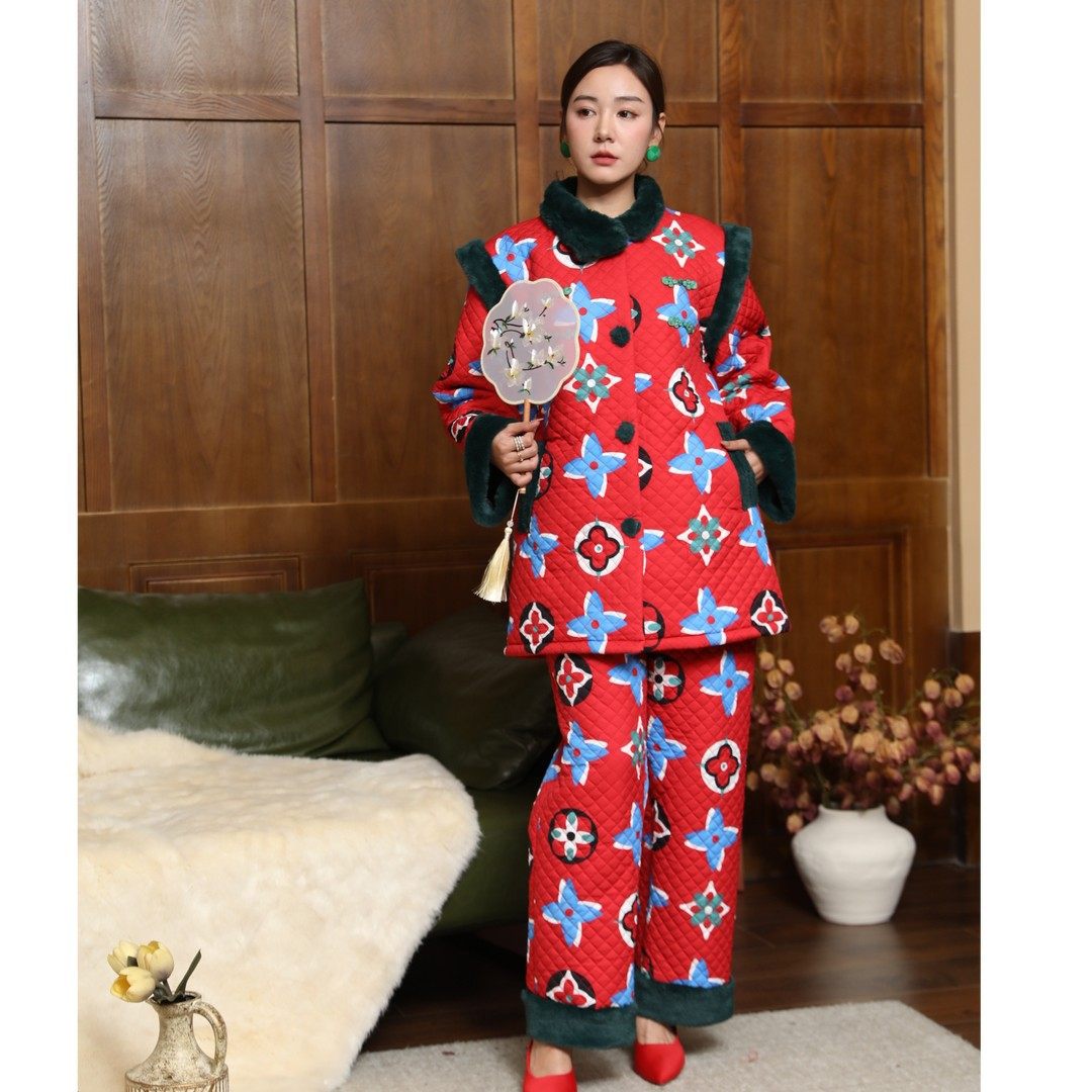 原创秋冬复古印花加绒可外穿夹棉加厚睡衣红色家居服亲肤套装女新