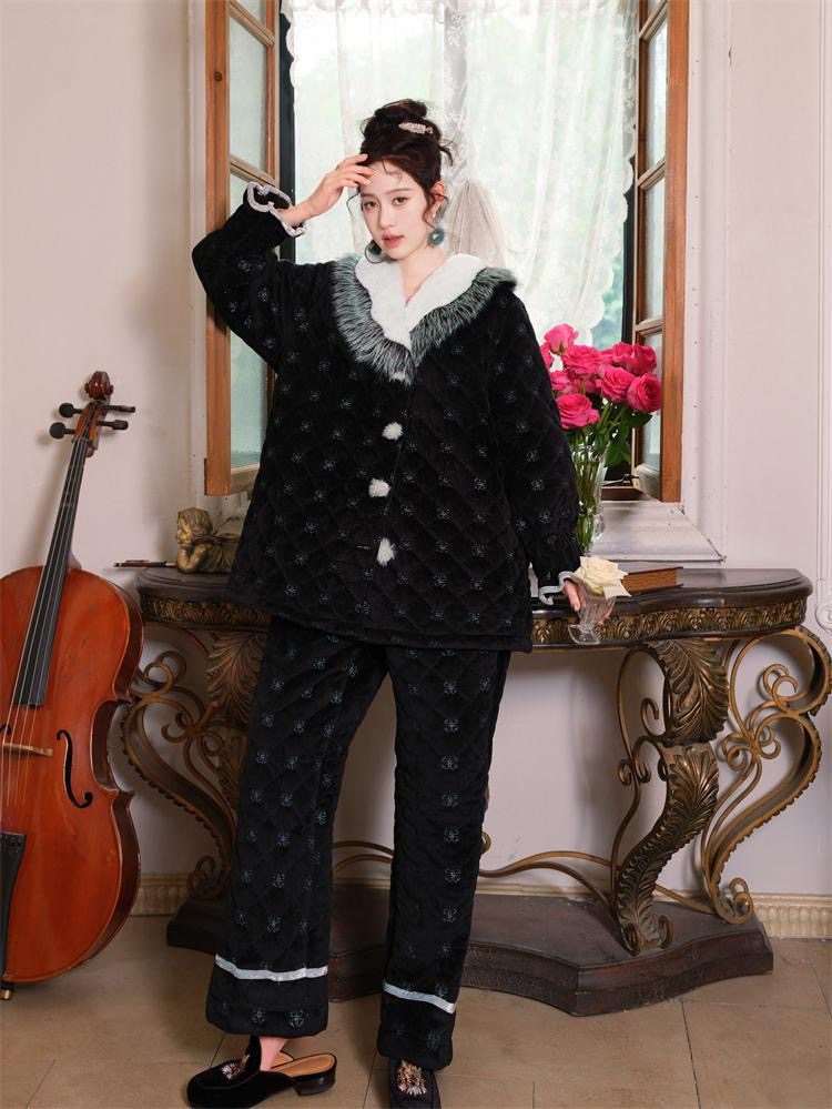 睡衣女冬季新款加厚保暖三层夹棉袄家居服套装可外穿宽松大码