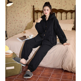 女士秋冬季款三层夹棉加绒加厚黑色休闲宽松套装睡衣女保暖家居服