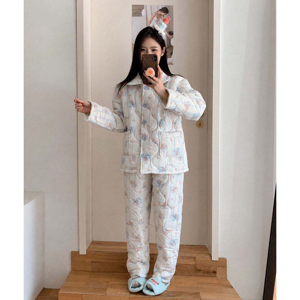 小红书套装棉保暖睡衣家居服冬季三层加厚保暖卡通夹棉云朵少女