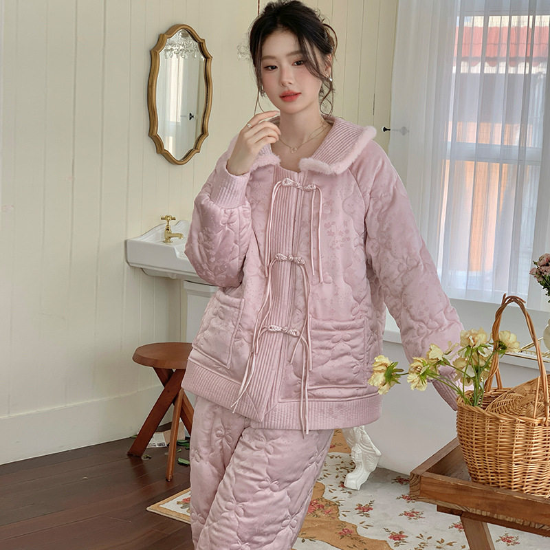 冬季居家睡衣甜美新中式夹棉保暖领中式扣百搭时尚娃娃新款可外穿