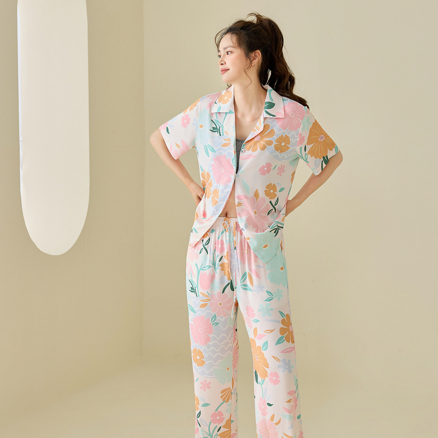 夏季新款冰丝睡衣女短袖长裤大花 清新橙绿套装印花凉感家居服
