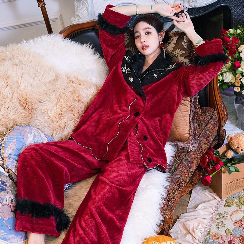 冬季新款加厚加绒保暖睡衣女珊瑚绒家居服套装可外穿两件套