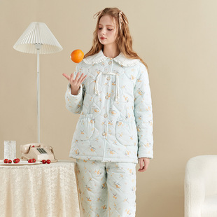 纯棉三层加厚加绒夹棉睡衣女女士套装可外穿秋冬款保暖家居服冬季